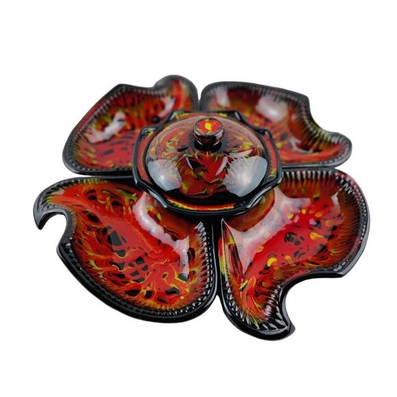 MCM Relish Platter/Dish 5Parts Red/Orange Black Multi Color 50/60"s Calf Pottery - Picture 1 of 12